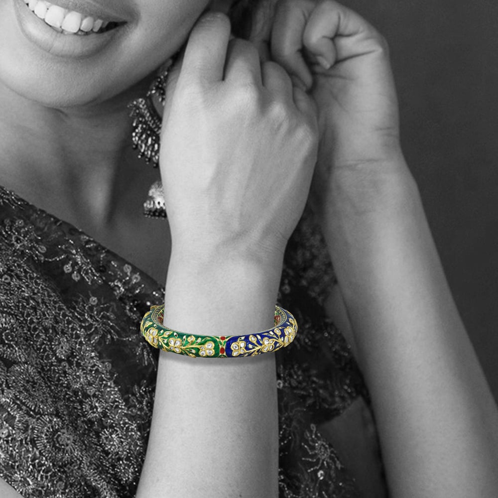 Multicolour Enamel Bangle with Polki and Floral Motifs